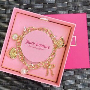 Juicy Couture Gold Charm Bracelet Heart Bow Bee Pearl Crystal Pink Box New